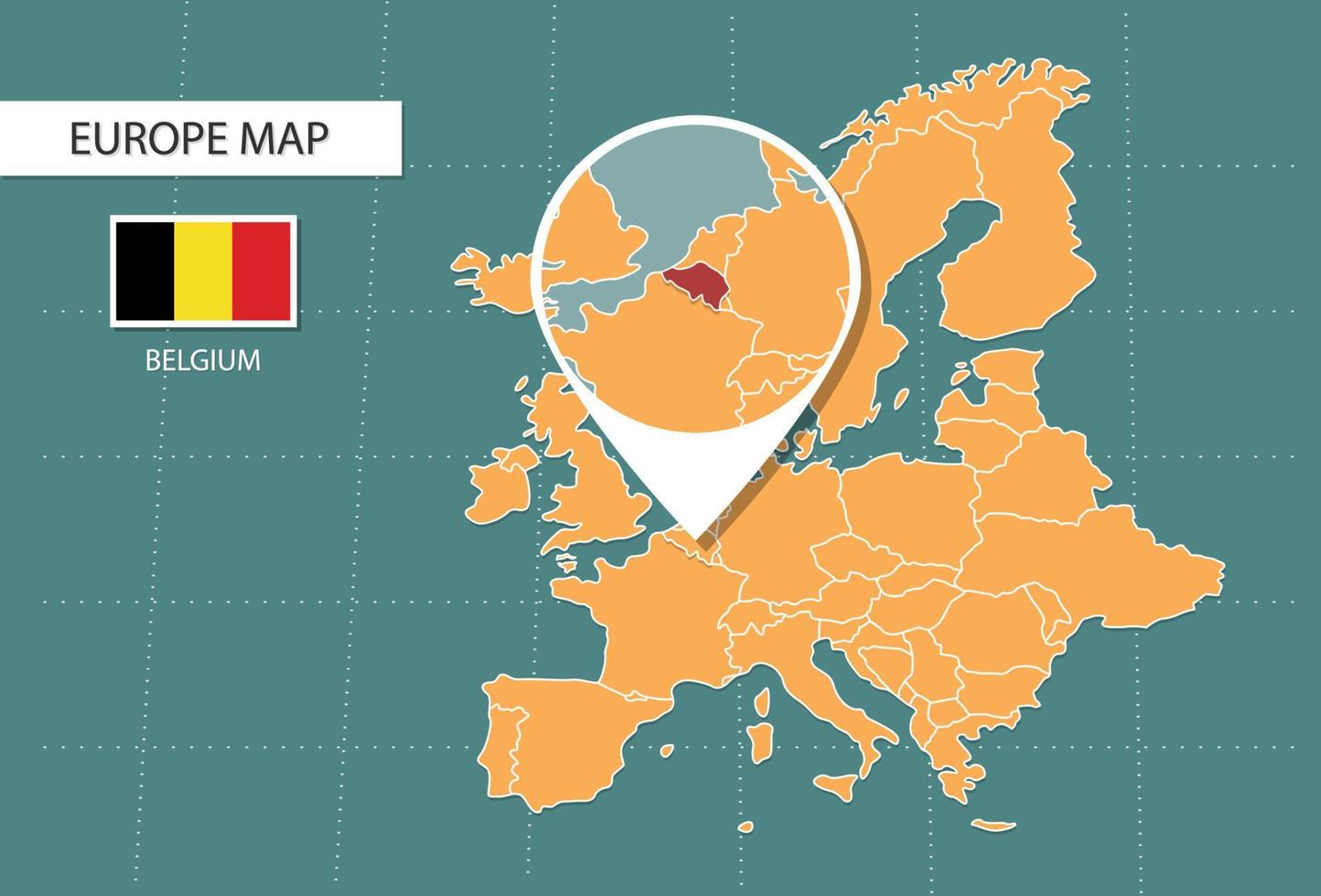 Belgio carta geografica nel Europa Ingrandisci versione, icone mostrando Belgio Posizione e bandiere. vettore