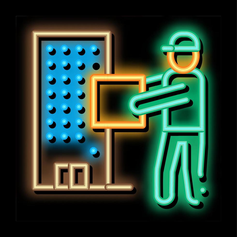 Corriere con scatola vicino grattacielo edificio neon splendore icona illustrazione vettore