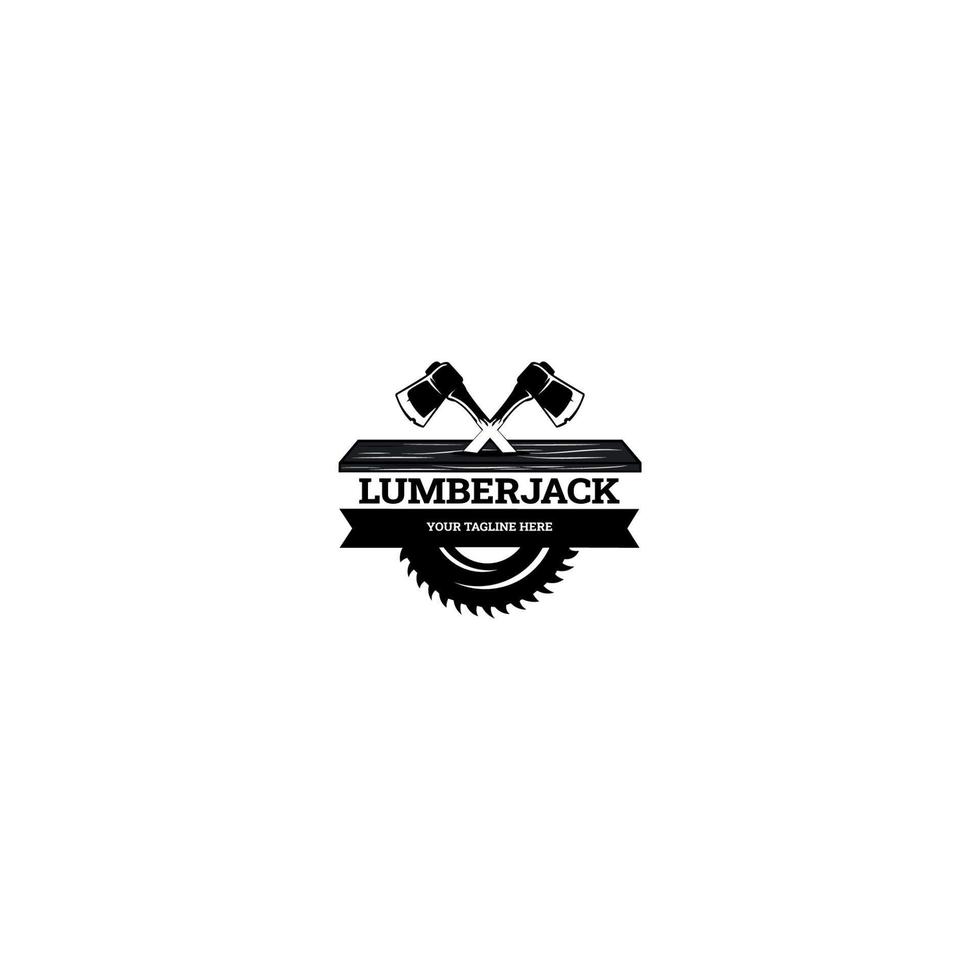 logo del boscaiolo. disegno del logo dell'ascia trasversale della lavorazione del legno, vettore dell'emblema del boscaiolo di falegnameria creativa