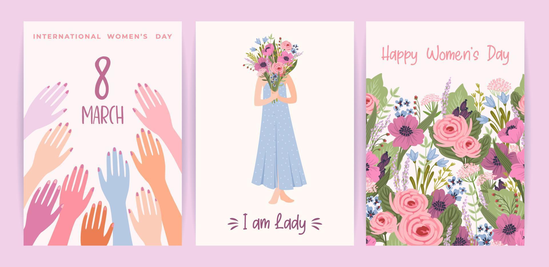 carte con carino femmina illustrazioni. vettore impostato per contento Da donna giorno, 8 marzo e altro uso.