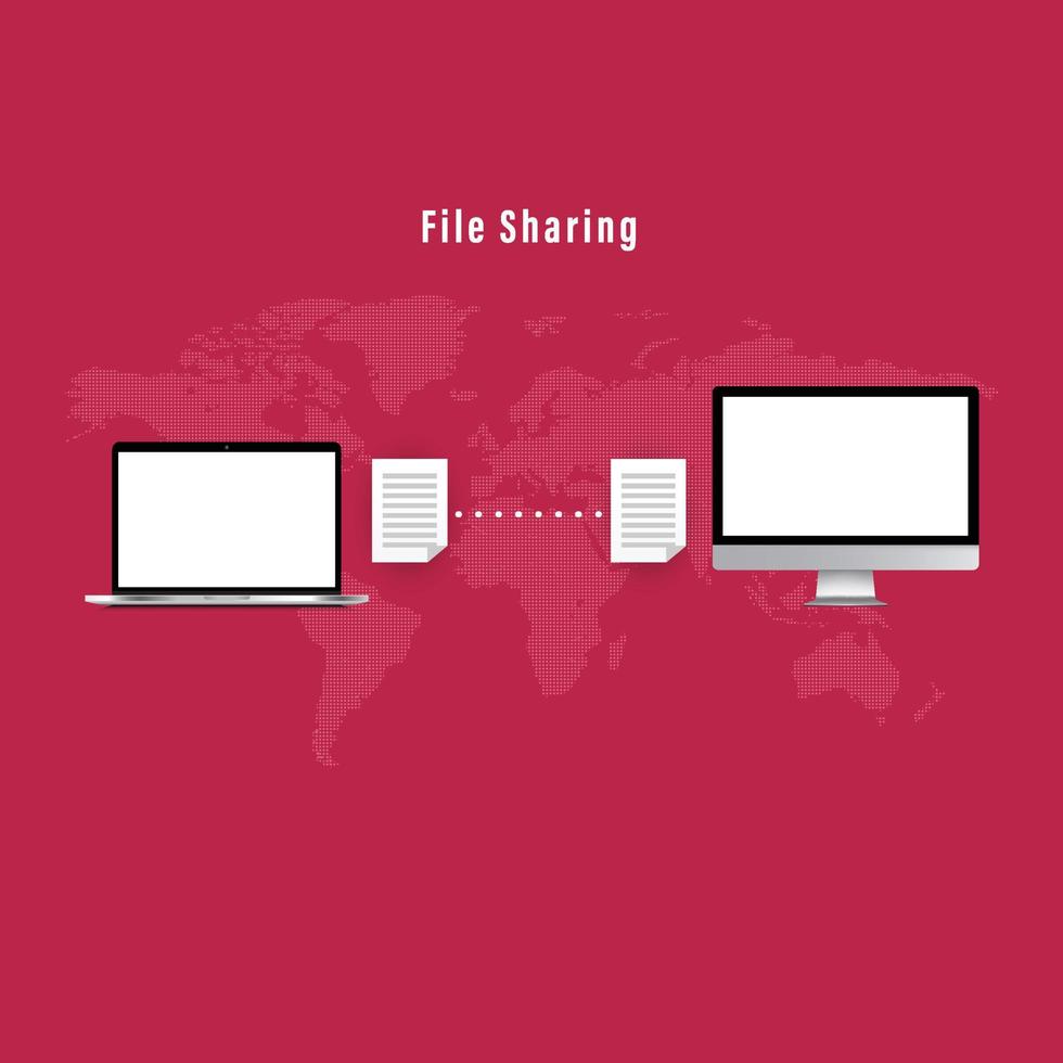 dati trasferimento In tutto il mondo collegamento, Informazioni grafico il computer portatile file condivisione nel Viva magenta sfondo colore vettore