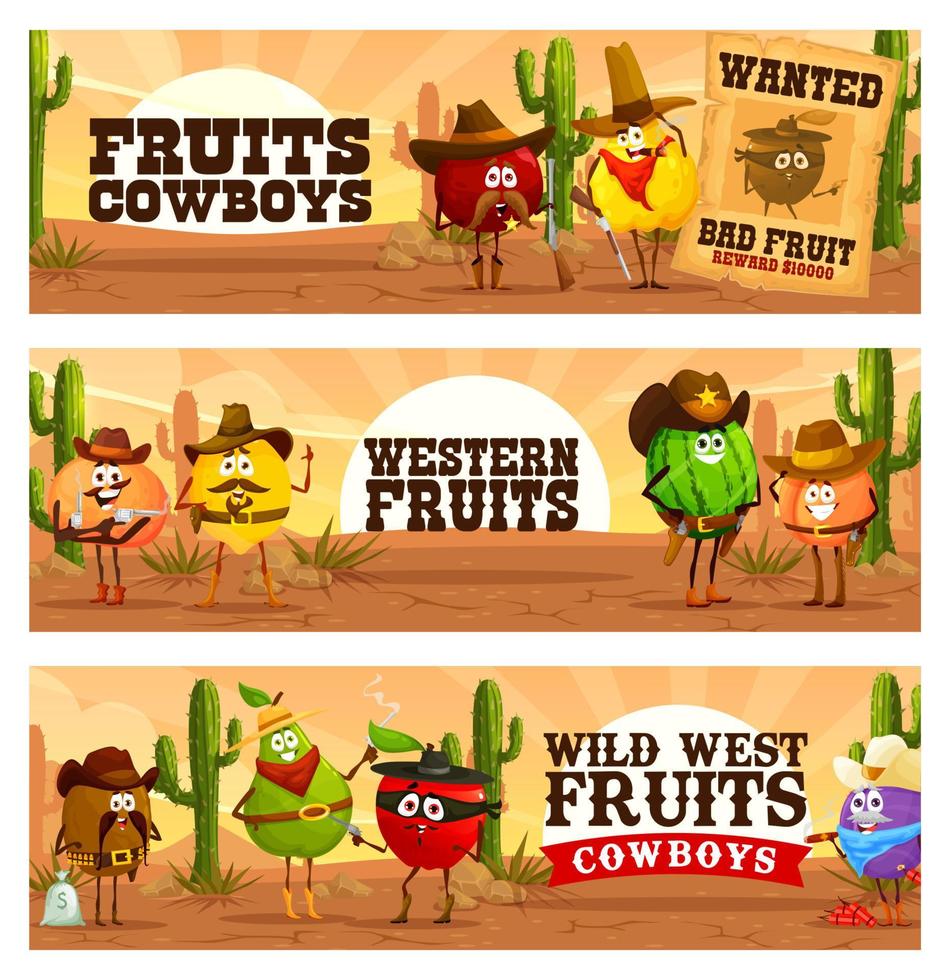 selvaggio ovest occidentale cartone animato frutta cowboy personaggi vettore