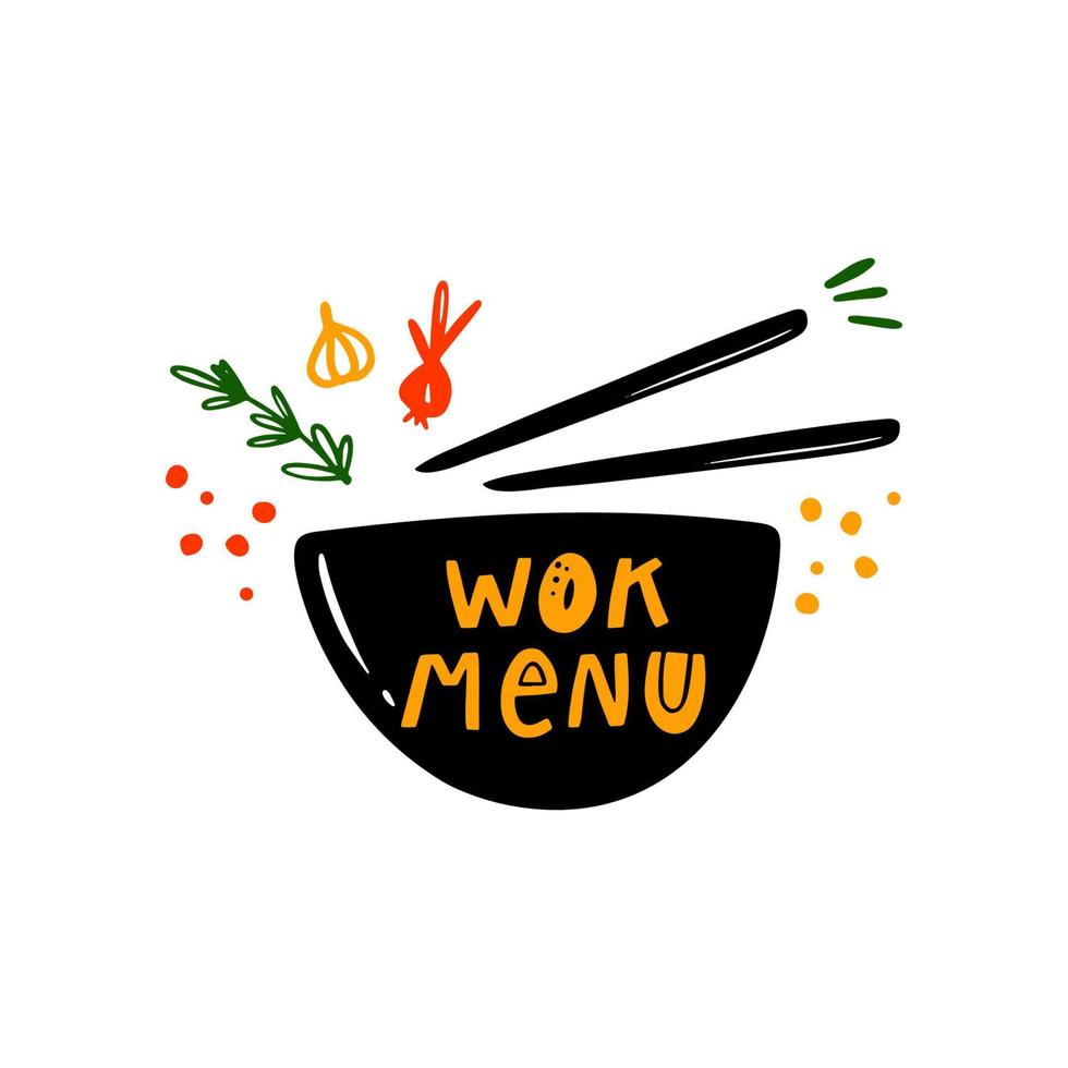 wok menù. tradizionale Cinese e tailandese cucina. mano disegnato vettore illustrazione per menù, bar, ristorante, sbarra, manifesto, bandiera