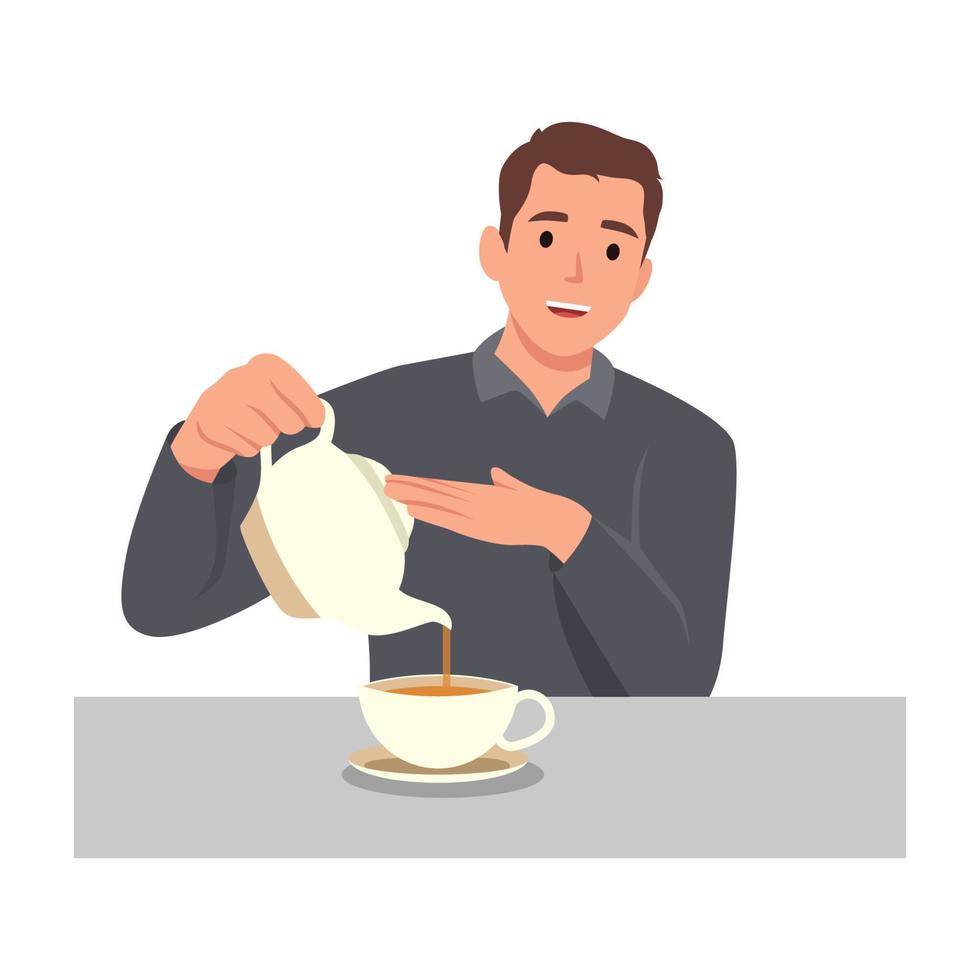 giovane uomo scrosciante tè nel tazza a partire dal bollitore. sorridente tipo godere caldo caffè. piatto vettore illustrazione isolato su bianca sfondo