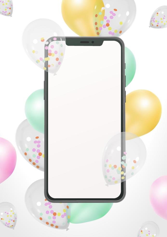 realistico smartphone modello con festivo palloncini vettore