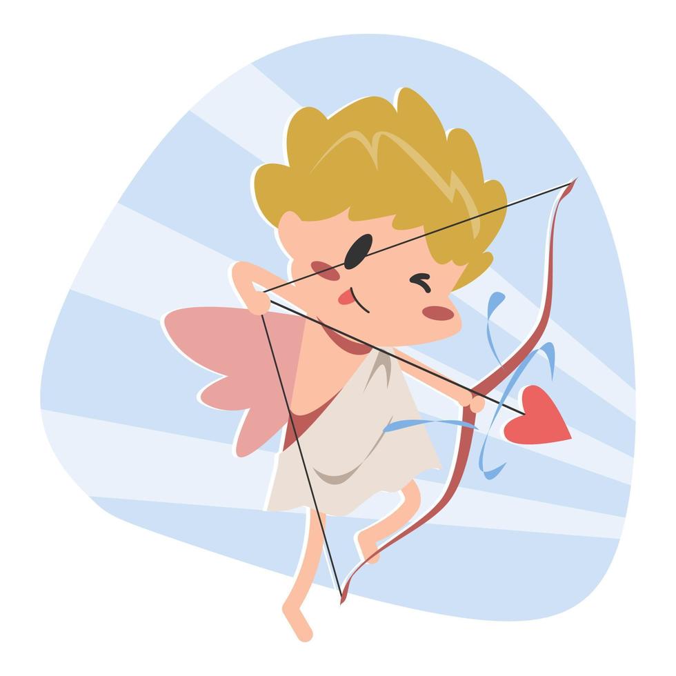 Cupido con amore freccia. Cupido tiro freccia. carino cartone animato carattere. isolato su blu sfondo. concetto di amore, romanza, eccetera. per etichetta, Stampa, carta, eccetera. vettore illustrazione nel piatto stile.