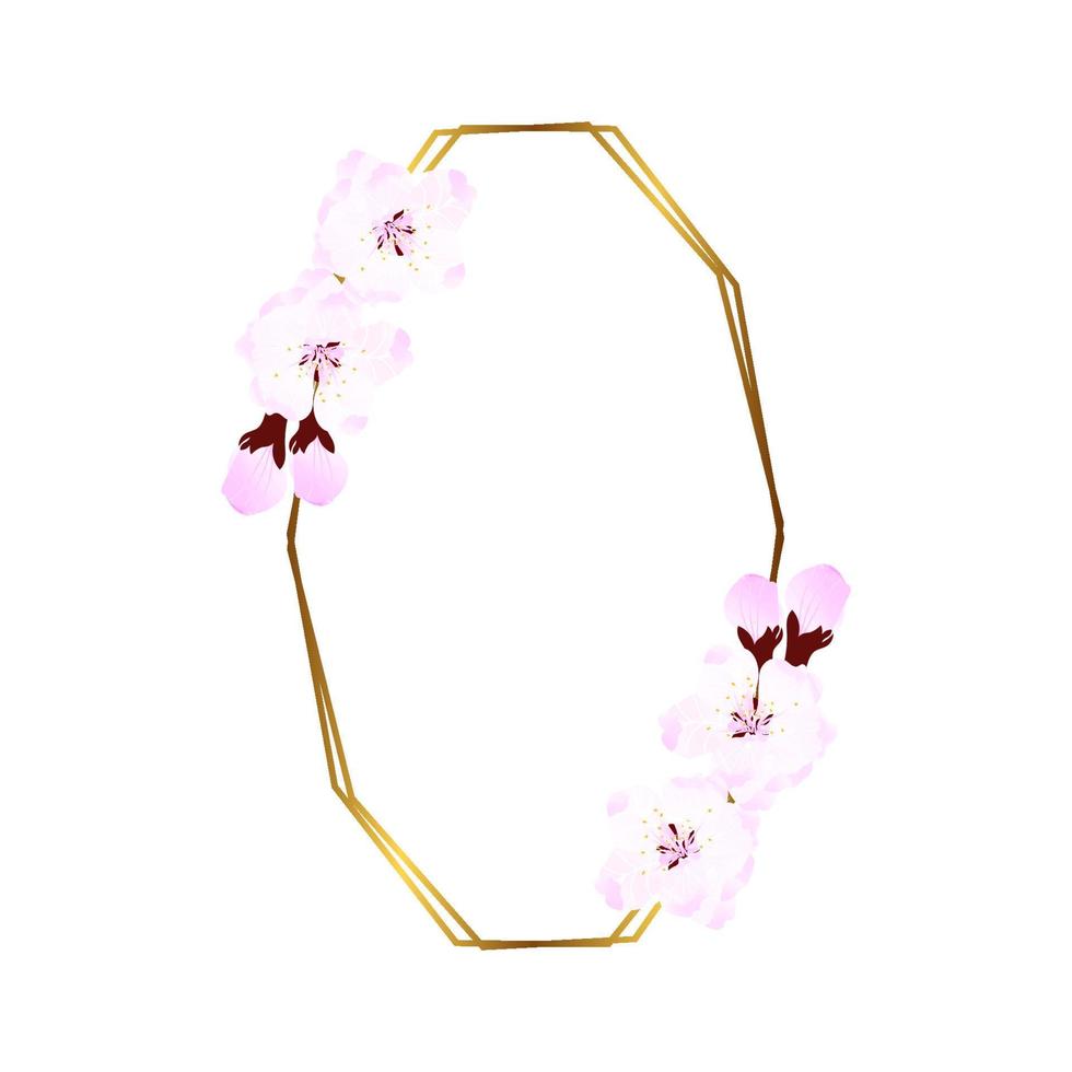 oro telaio con morbido rosa fiori. nozze invito modello. vettore illustrazione. un' ghirlanda di ciliegia fiori. primavera ciliegia fiori. simbolo di amore