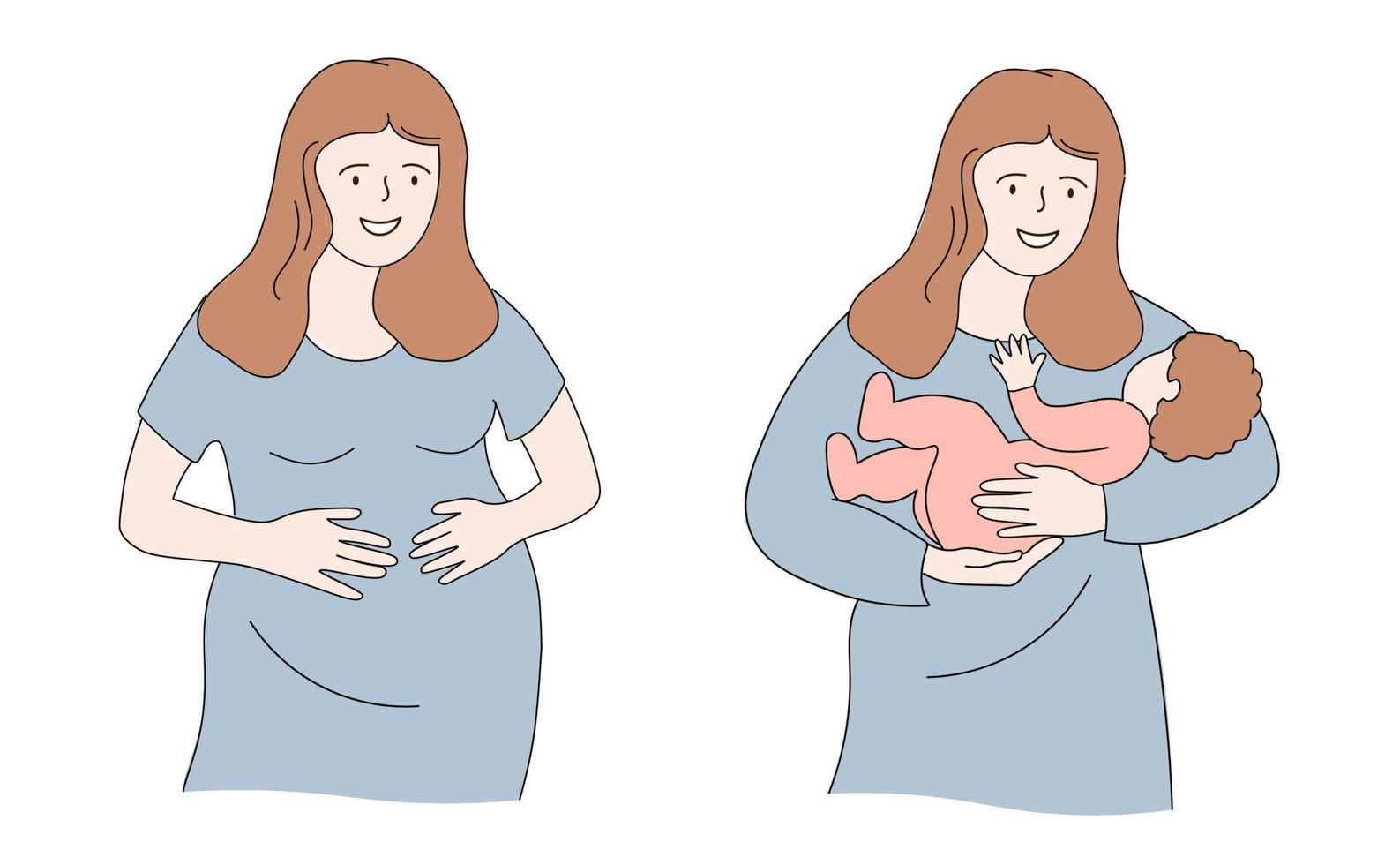 incinta donna in attesa consegna. femmina con un' bambino nel sua braccia. mamma detiene il bambino con amorevole sembra. vettore grafica.