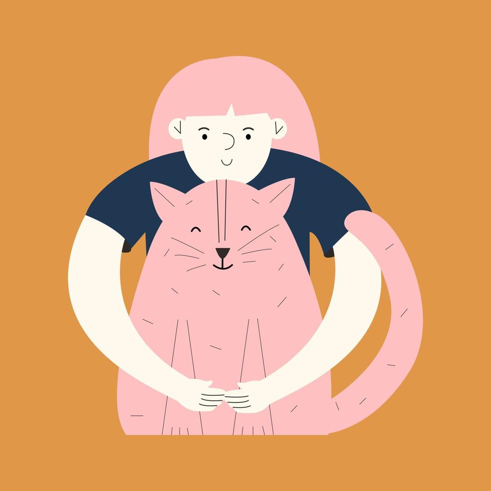 un' poco stilizzato ragazza abbracci un' gatto con sua mani. il concetto emotivo supporto animale. design arredamento elemento. vettore mano disegnato illustrazione