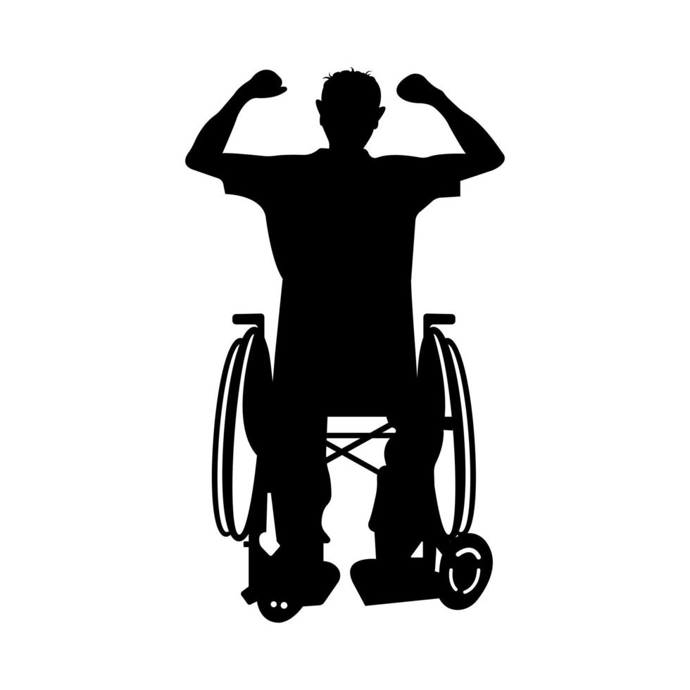 silhouette di Disabilitato persona nel sedia a rotelle con braccia sollevato vettore