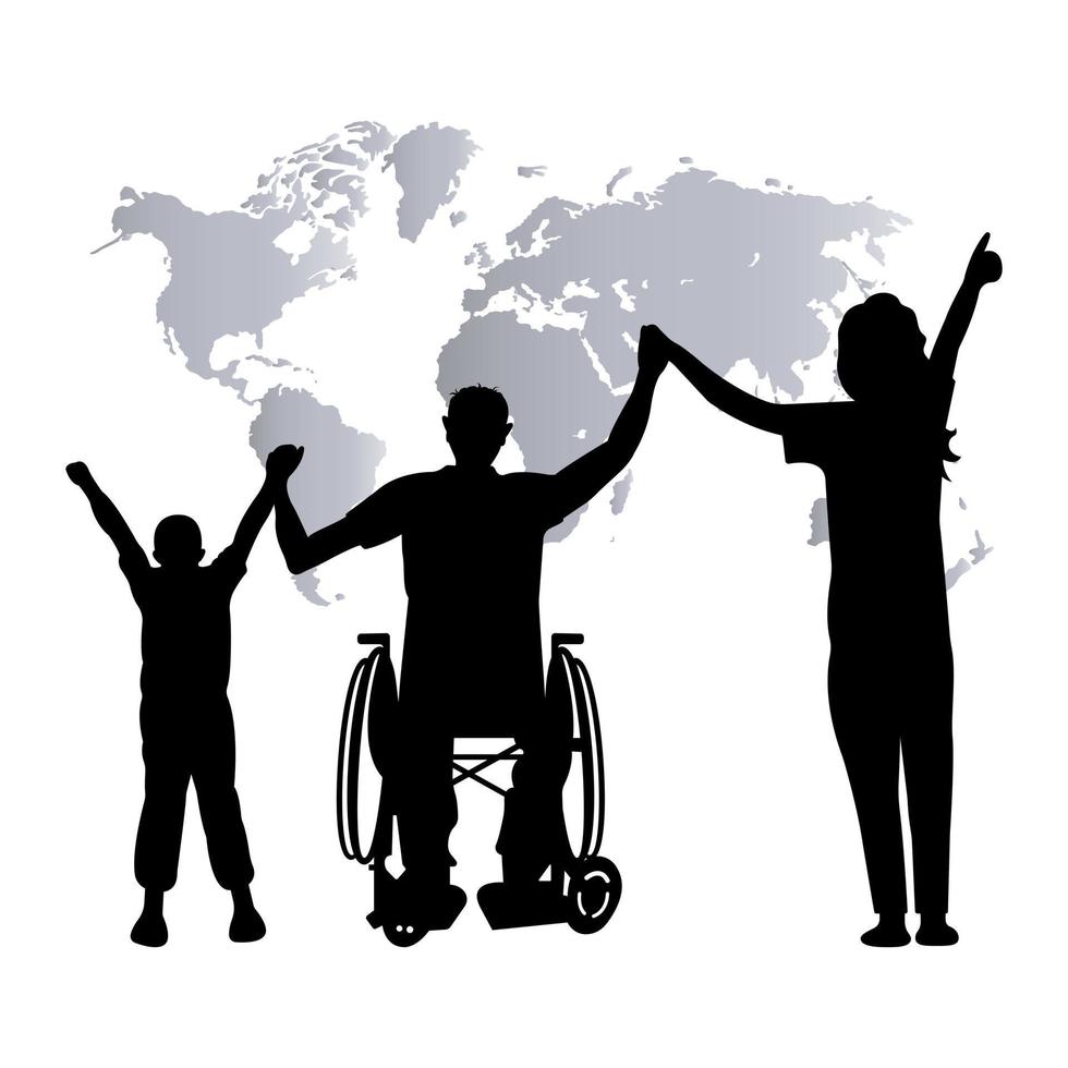 silhouette di un' Disabilitato persona nel un' sedia a rotelle con sollevato braccia Il prossimo per un' bambino e un' donna. contento famiglia concetto vettore