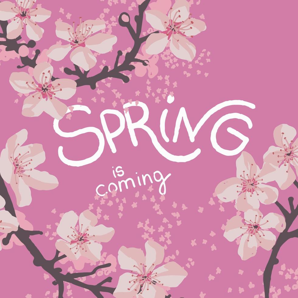 primavera è In arrivo, ciliegia albero fiorire su bandiera vettore