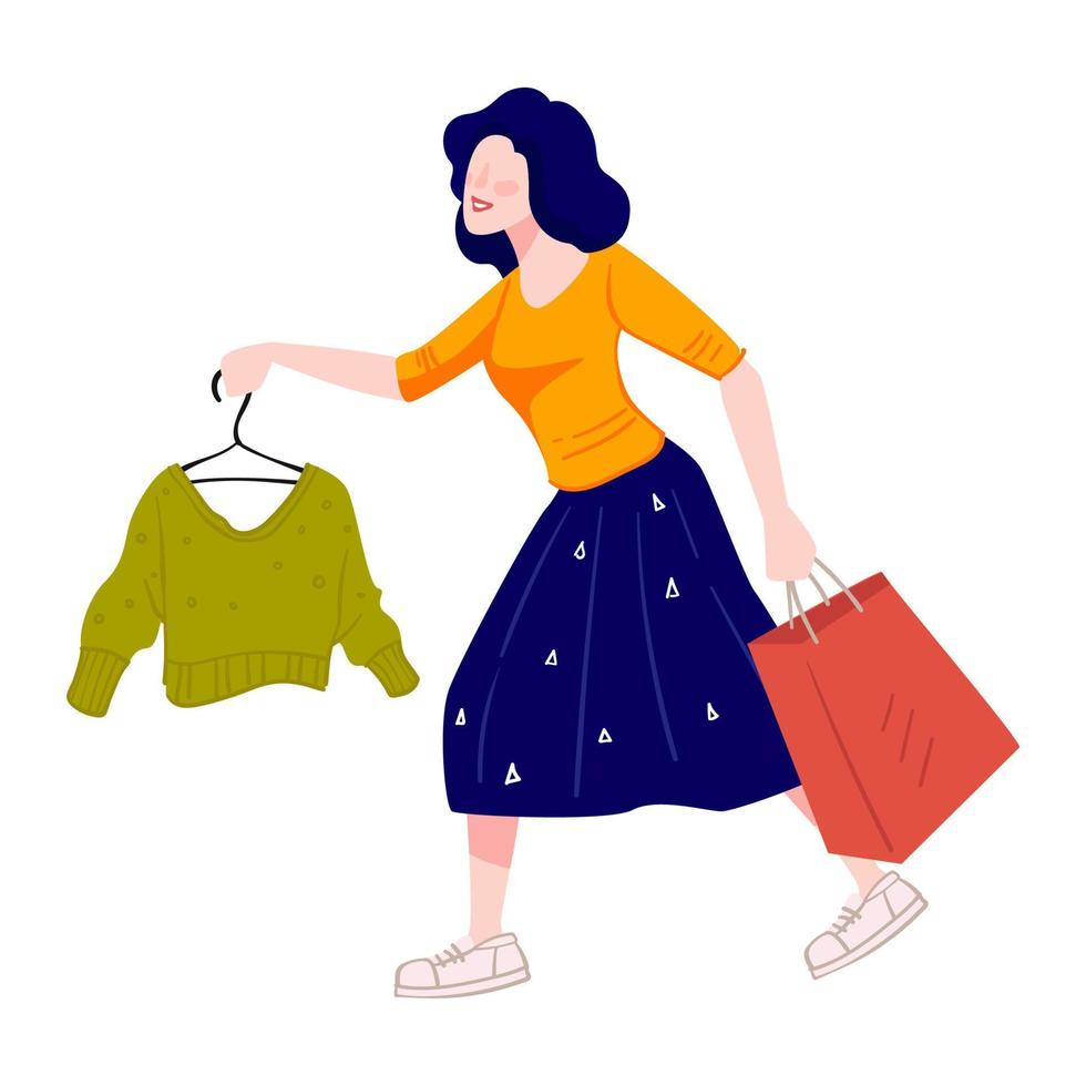 shopping donna affrettandosi per acquistare Abiti nel negozio vettore