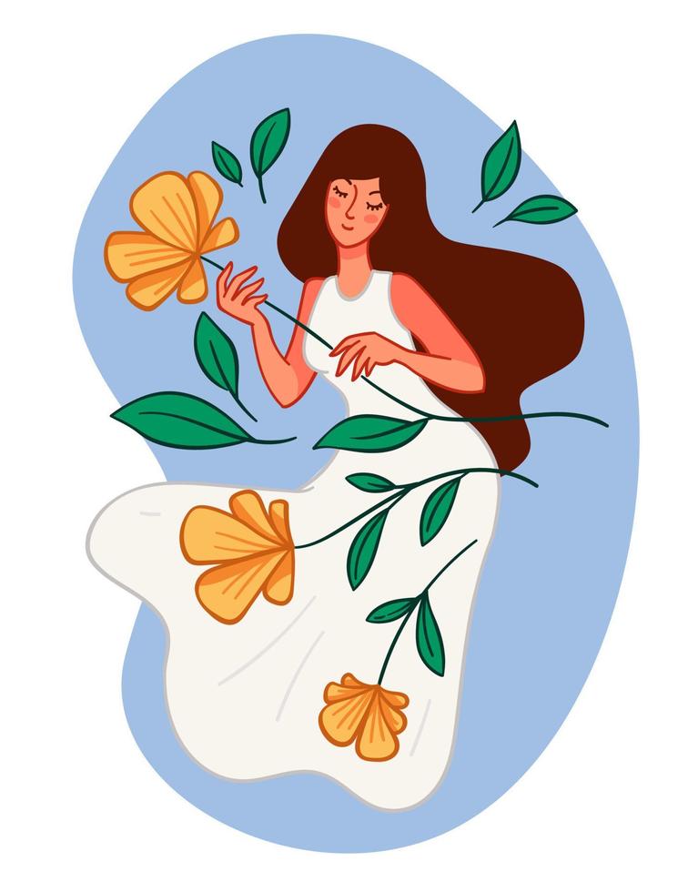 elegante femmina personaggio con fioritura fiore vettore
