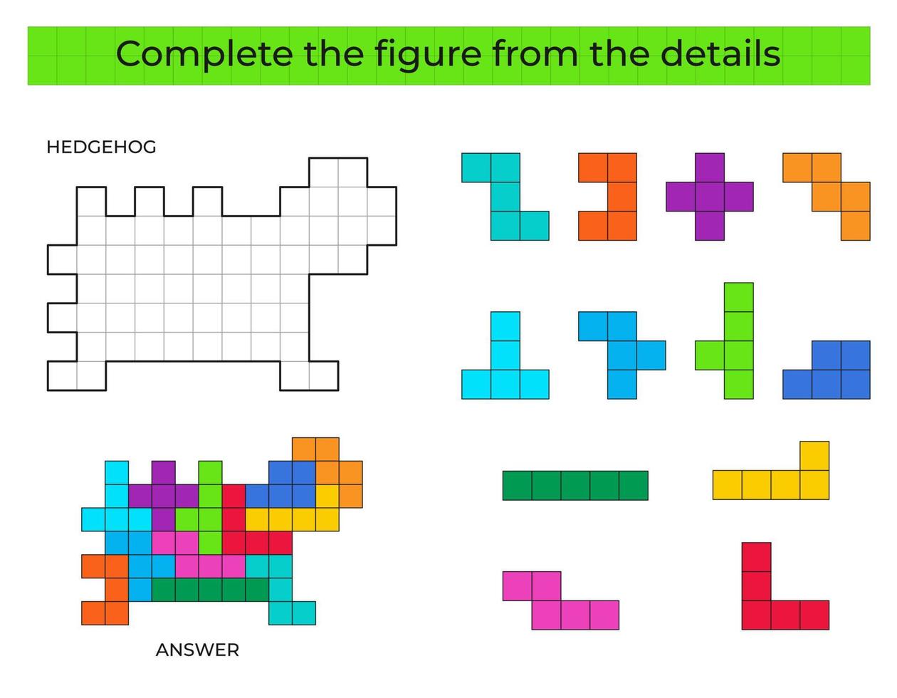 puzzle gioco con riccio. colorato dettagli per bambini. completare figura. formazione scolastica gioco per bambini, prescolastico foglio di lavoro attività. puzzle gioco. vettore illustrazione.