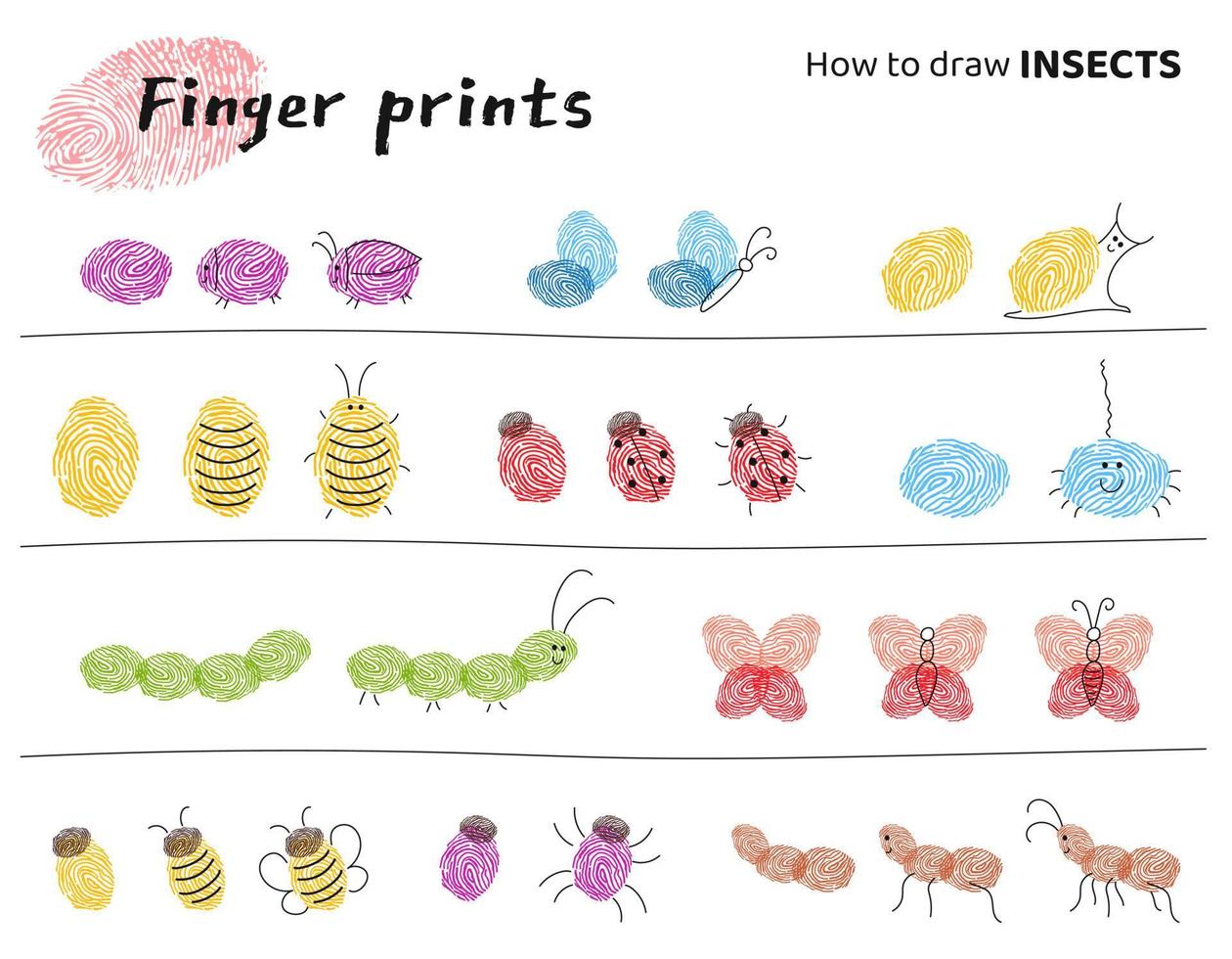dito stampe arte. formazione scolastica compiti per bambini Come per rendere diverso insetti. vettore illustrazione. isolato elementi.