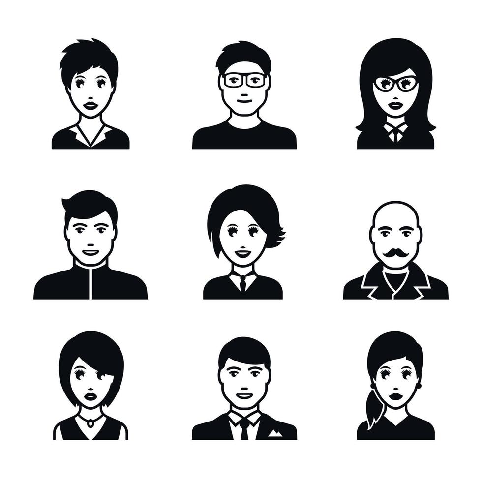 avatar icone impostare. nero su un' bianca sfondo. persone profilo sagome vettore