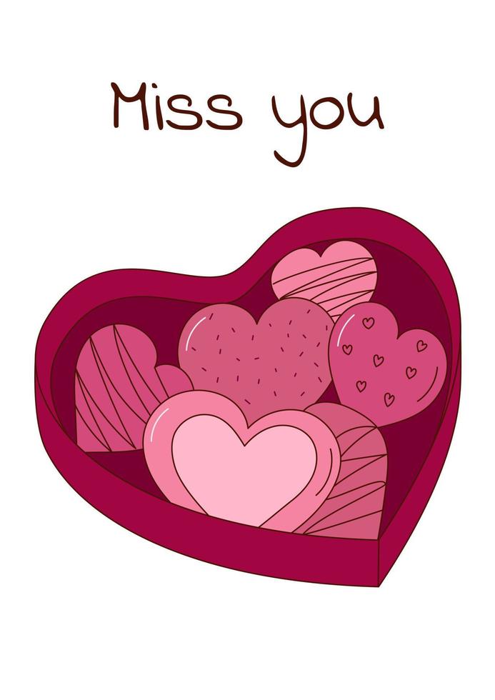 San Valentino giorno saluto carta con cioccolatini nel un' scatola. vettore illustrazione