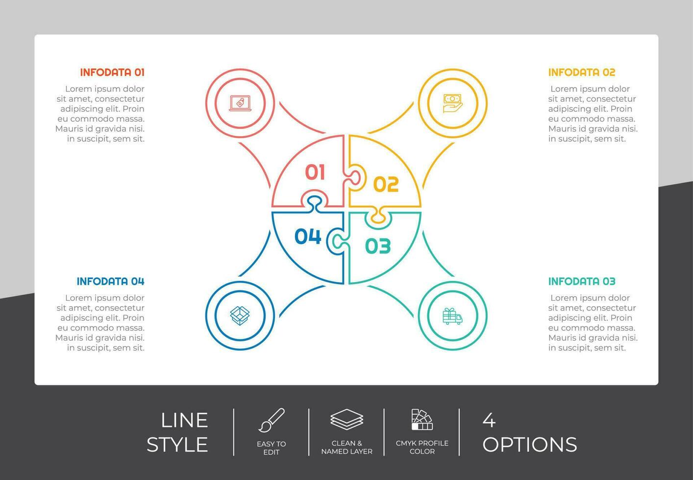 cerchio Infografica vettore design con 4 opzioni e colorato stile per presentazione scopo.linea opzione Infografica può essere Usato per attività commerciale e marketing