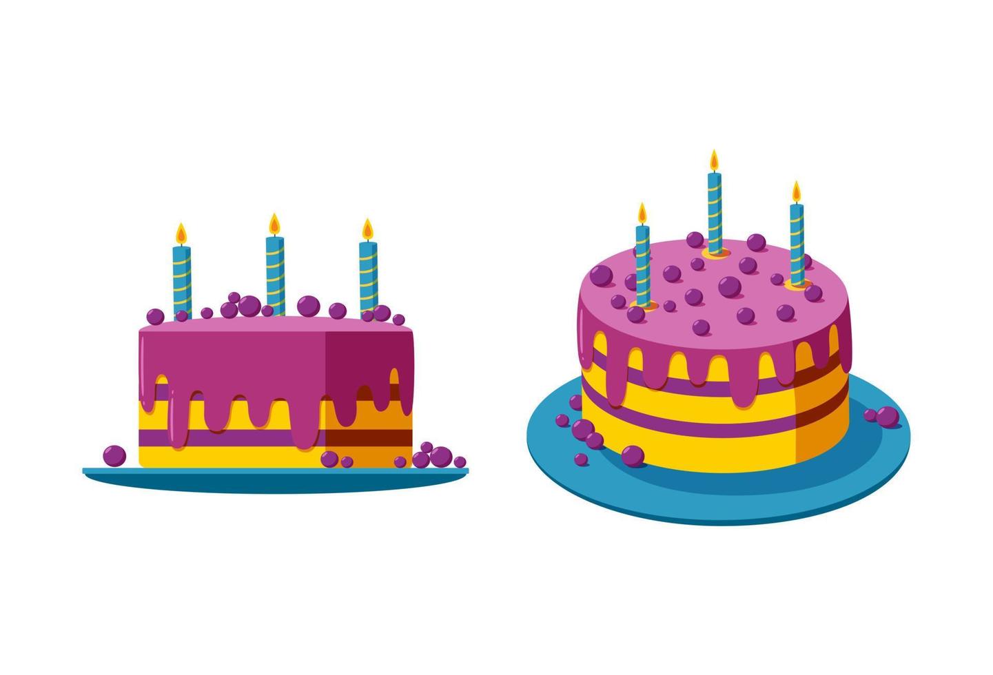 compleanno torta nel Due visualizzazioni. crema torta con candele e frutti di bosco per un' festa ot celebrazione. vettore illustrazione
