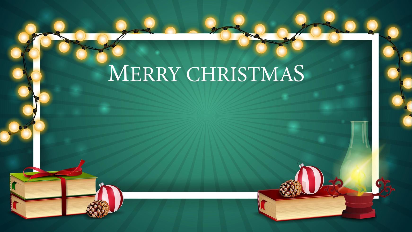 modello verde di Natale per banner cartolina o sconto con lampada antica, libri di Natale, palla di Natale e cono vettore