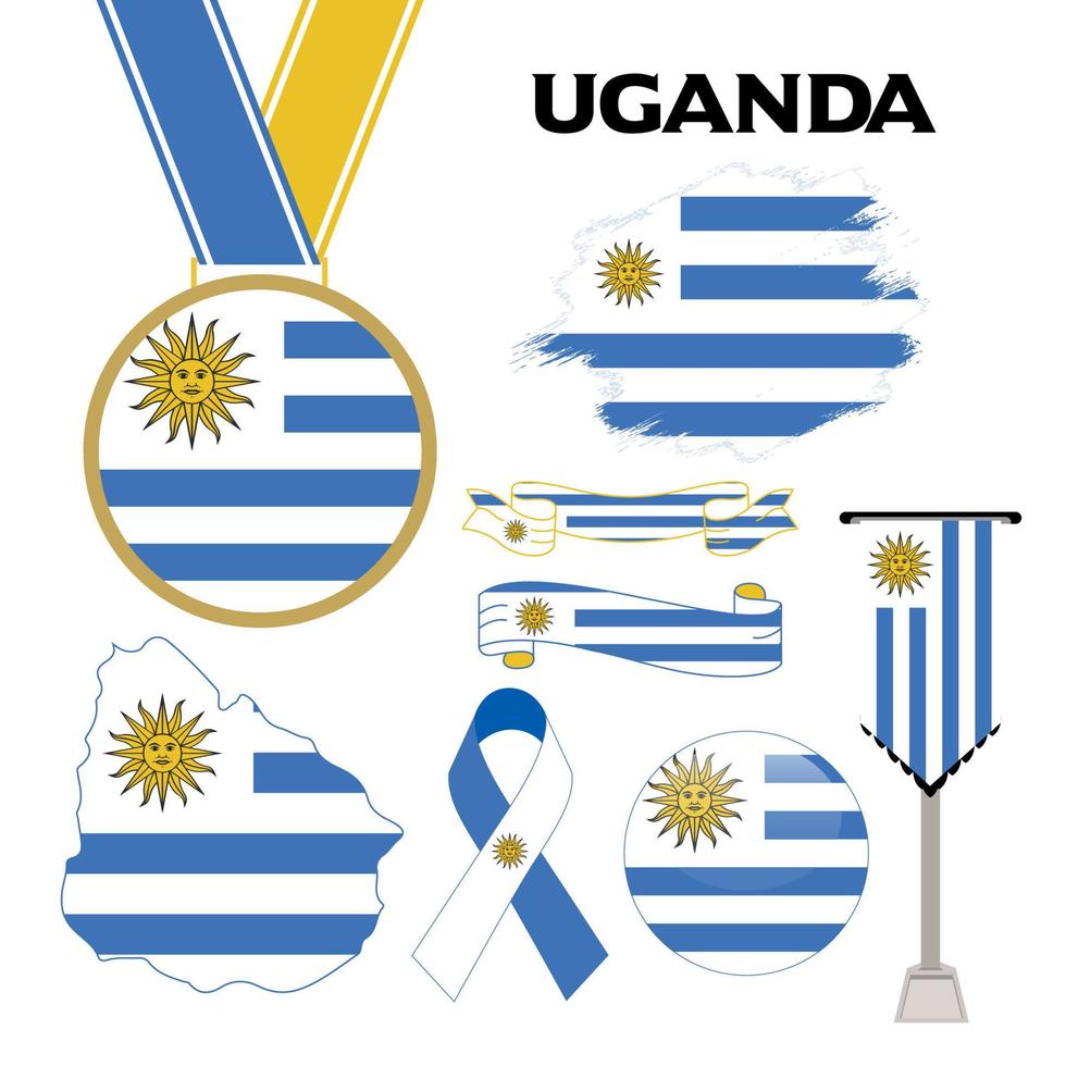 elementi collezione con il bandiera di Uruguay design modello. Uruguay bandiera, nastri, medaglia, carta geografica, grunge struttura e pulsante vettore