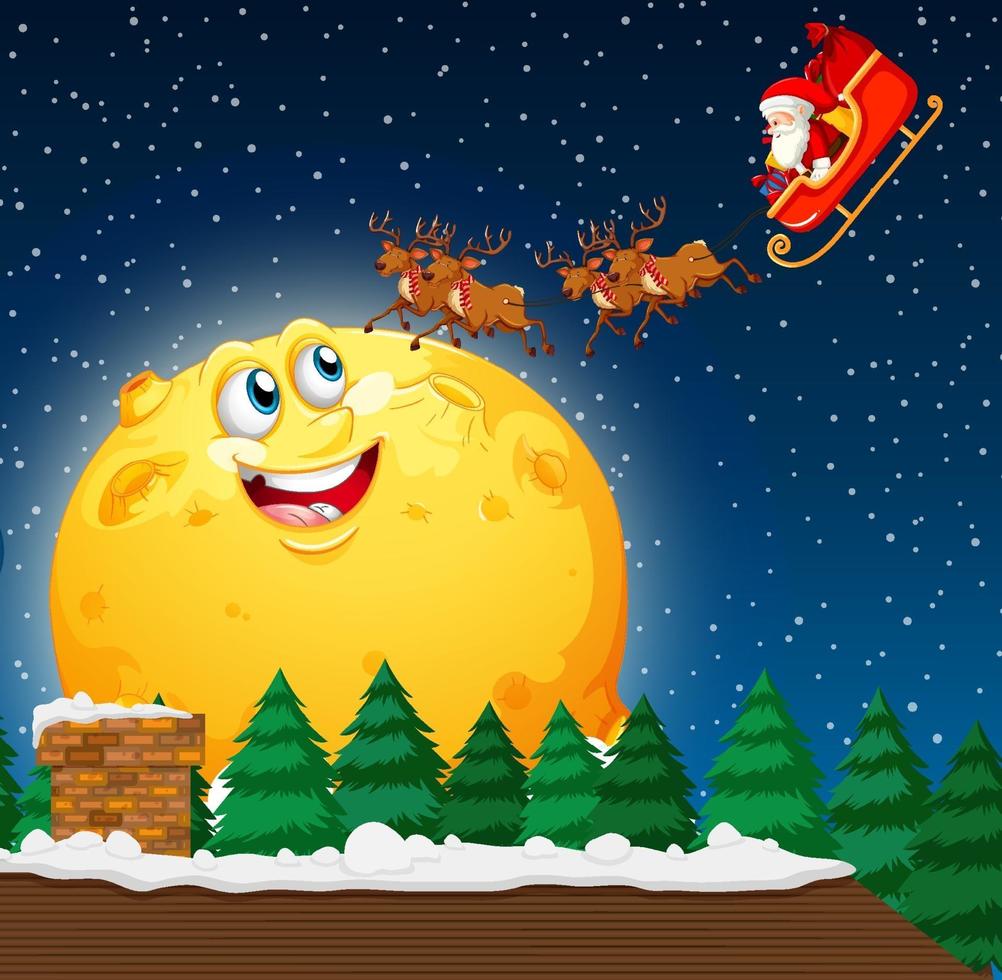 sorridente luna nel cielo di notte con Babbo Natale sulla slitta vettore