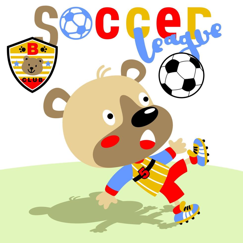 poco orso giocando calcio, calcio logo squadra, vettore cartone animato illustrazione