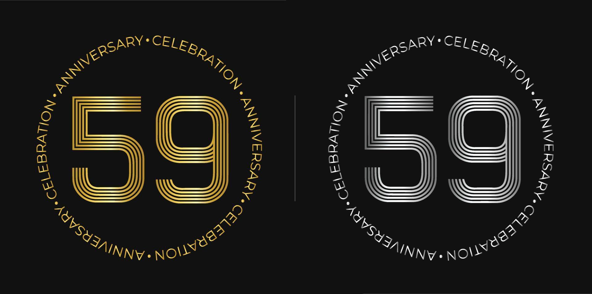 59 ° compleanno. cinquantanove anni anniversario celebrazione bandiera nel d'oro e argento colori. circolare logo con originale numeri design nel elegante Linee. vettore