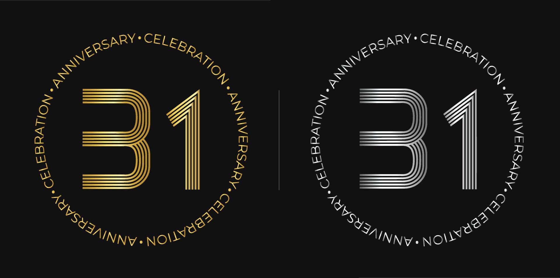 31 compleanno. trentuno anni anniversario celebrazione bandiera nel d'oro e argento colori. circolare logo con originale numeri design nel elegante Linee. vettore