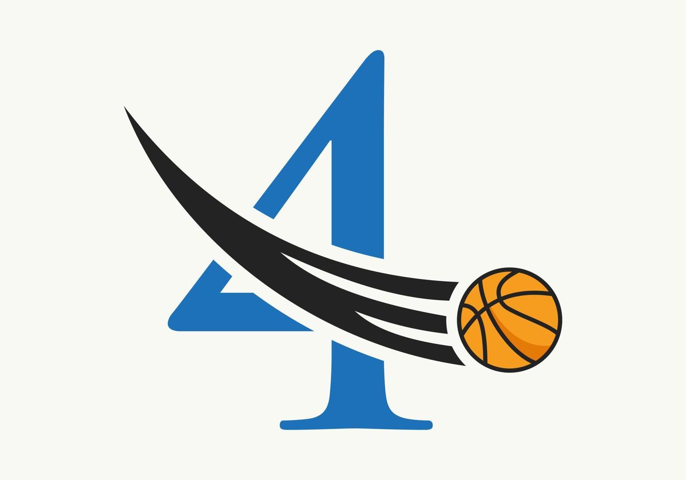 iniziale lettera 4 pallacanestro logo concetto con in movimento pallacanestro icona. cestino palla logotipo simbolo vettore modello