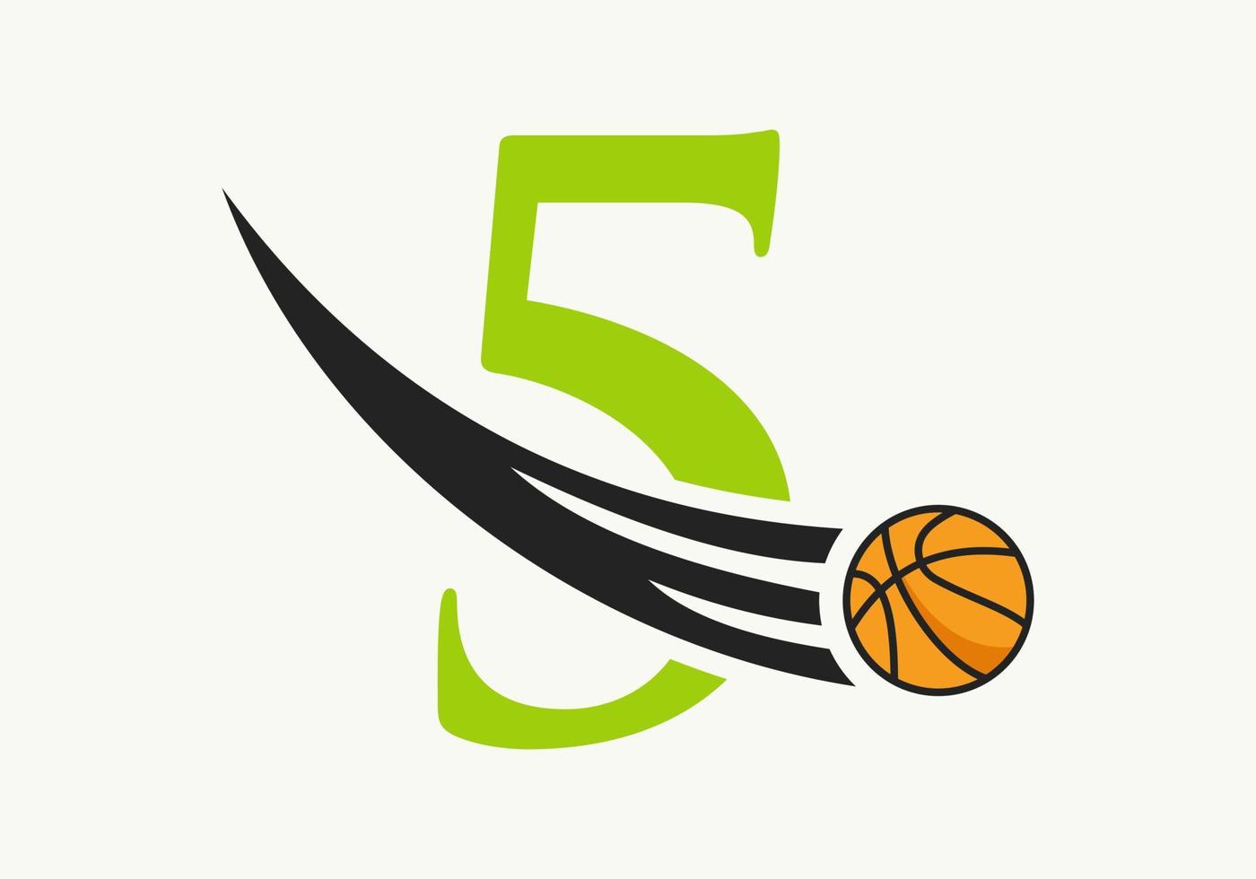 iniziale lettera 5 pallacanestro logo concetto con in movimento pallacanestro icona. cestino palla logotipo simbolo vettore modello
