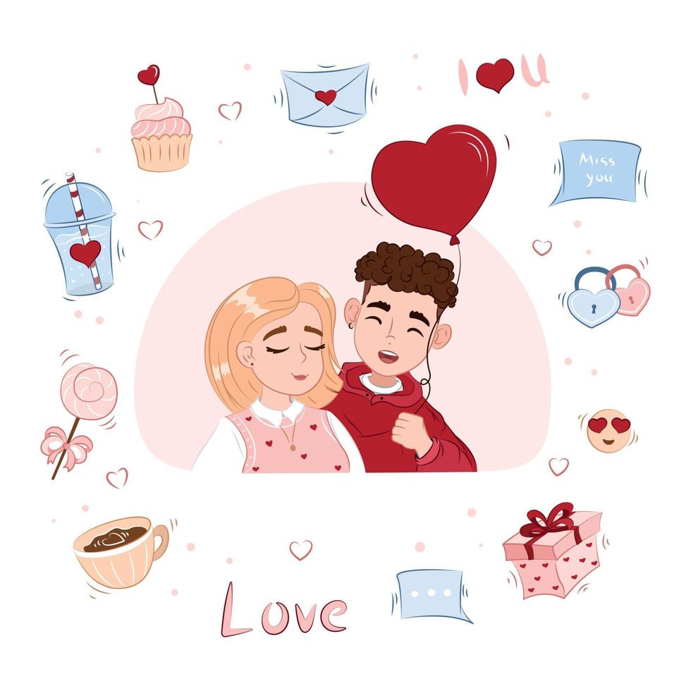 un' coppia di giovane persone nel amore, un' romantico illustrazione per San Valentino giorno, vettore