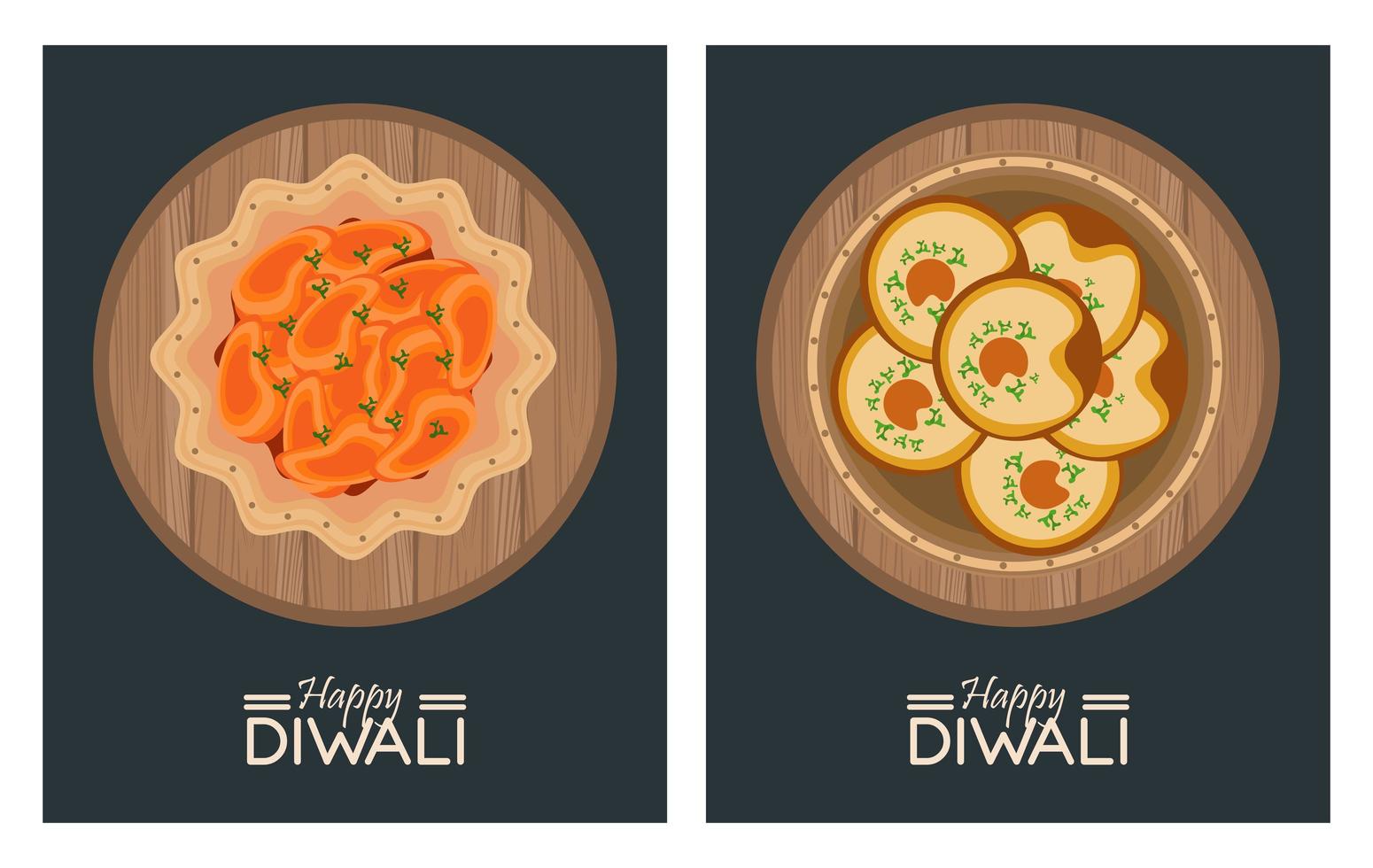 felice celebrazione di diwali con piatti e scritte vettore