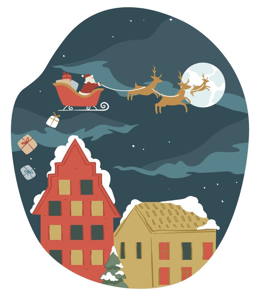 Santa Claus equitazione volante slitta dando regali vettore