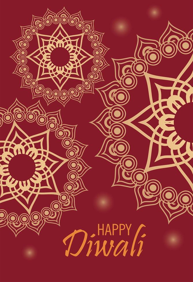 felice celebrazione di diwali con mandala dorati su sfondo rosso vettore