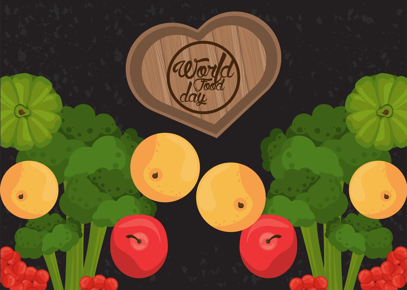 poster della giornata mondiale dell'alimentazione con verdure e cuore di legno su sfondo nero vettore