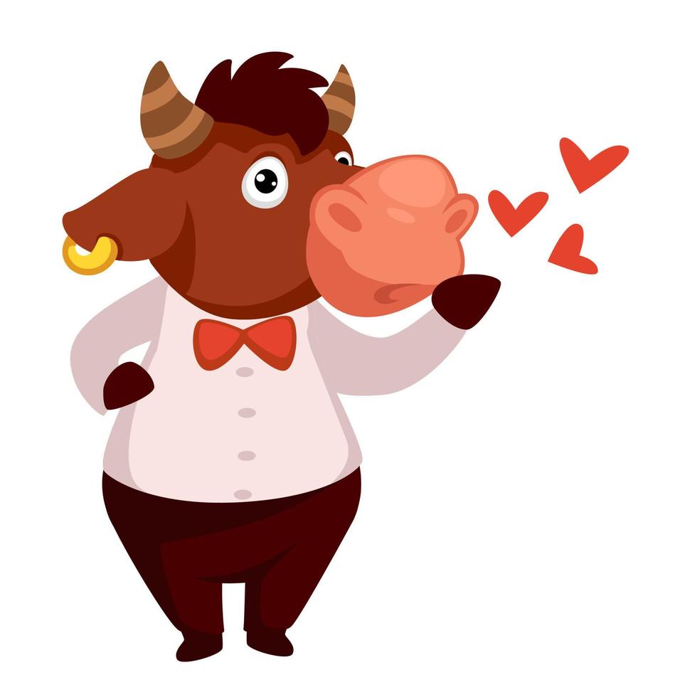 Toro invio baci, romantico bufalo con cuori vettore