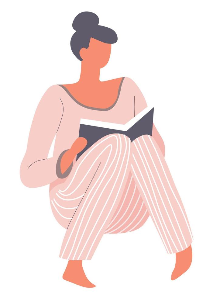 donna indossare pigiama lettura libro a casa vettore