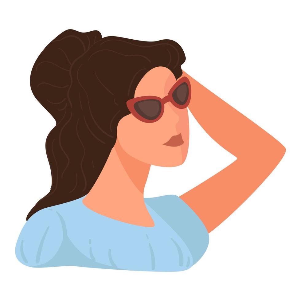 elegante brunetta femmina personaggio indossare occhiali da sole nel estate vettore