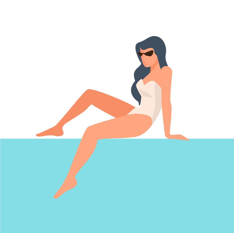 elegante signora seduta di bordo piscina, elegante femmina personaggio vettore