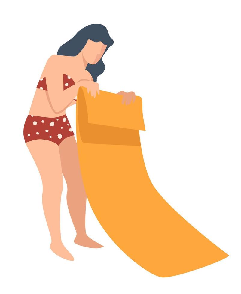 donna mettendo stuoia o coperta per posare e ottenere abbronzatura vettore