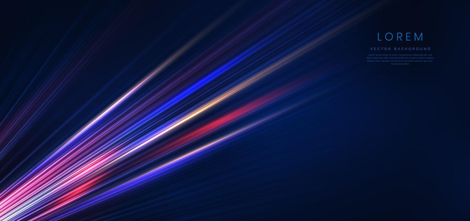 astratto tecnologia futuristico neon orizzontale raggiante blu e rosa leggero Linee con velocità movimento sfocatura effetto su buio blu sfondo. vettore