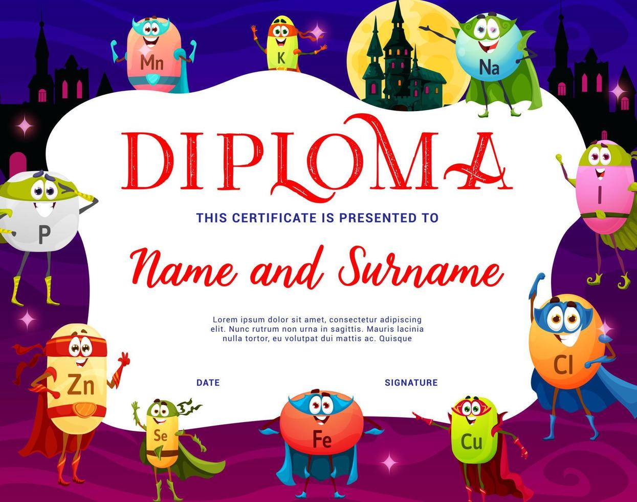 bambini diploma con cartone animato vitamina supereroi vettore