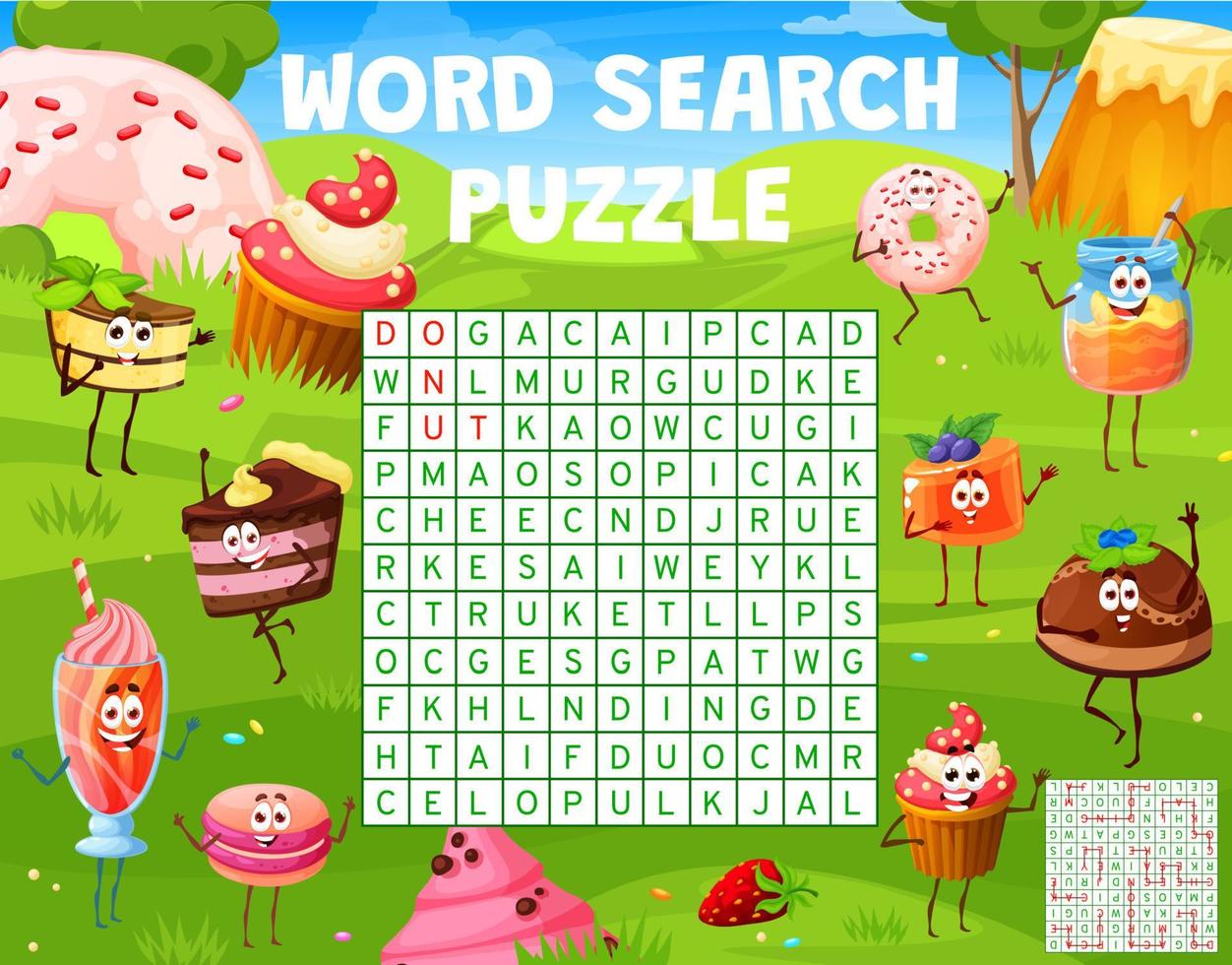 parola ricerca puzzle gioco, cartone animato dolci, dolci vettore