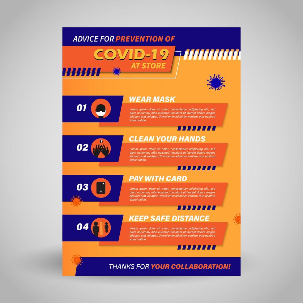 covid-19, poster del virus di prevenzione in negozio. illustrazione vettoriale. vettore