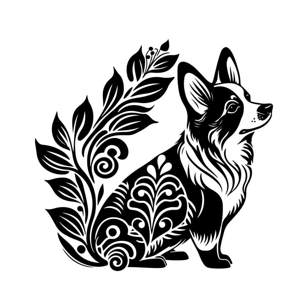 carino floreale corgi cane. illustrazione per logo, emblema, tatuaggio, ricamo, laser taglio, sublimazione. vettore