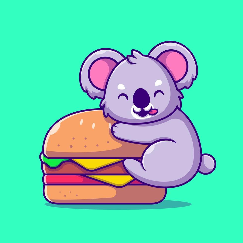 carino koala con grande hamburger cartone animato icona vettore illustrazione. concetto di icona di cibo per animali isolato vettore premium. stile cartone animato piatto