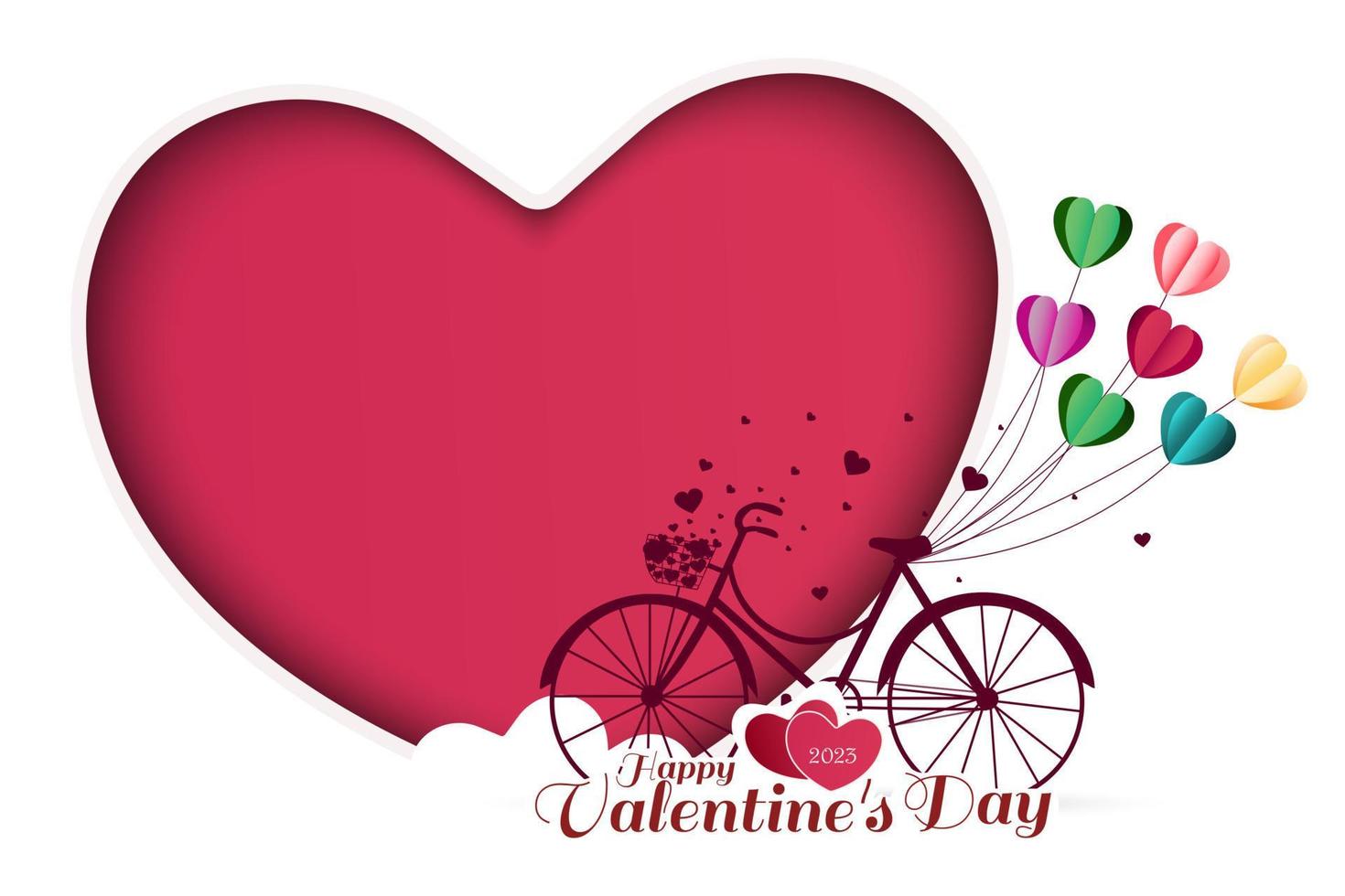 San Valentino giorno saluto carta con cuore sagomato palloncini legato su un' rosso bicicletta. grande cuori isolato su bianca sfondo. vettore illustrazione