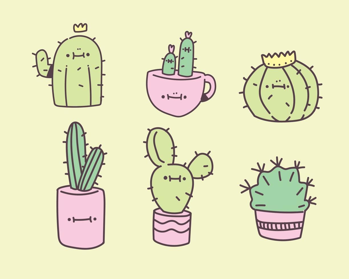 carino succulente, pianta di cactus con faccia felice illustrazione vettoriale in mano stile di disegno